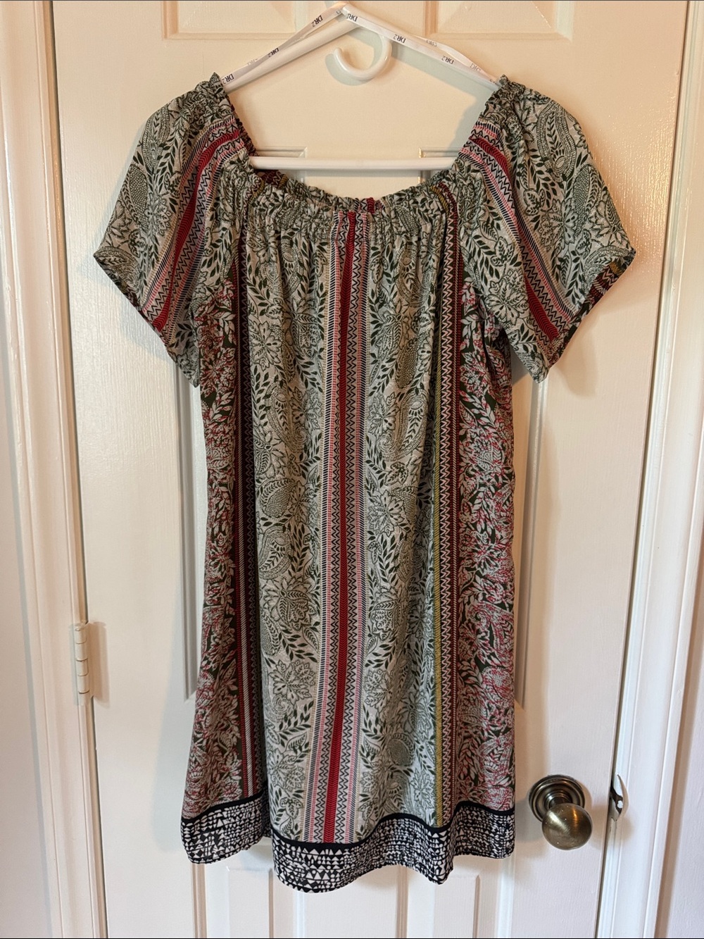 DR2 Sage and Pink Off-Shoulder Midi Dress with Stripe Pattern